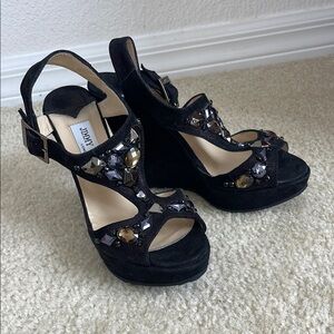 Jimmy Choo Black Wedge Sandals with Rhinestone Embellishments